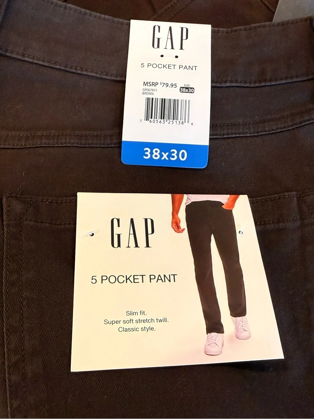 NWT GAP 5 Pocket Pant Slim Fit 38x30 Brown Stretch Twill Casual Pants